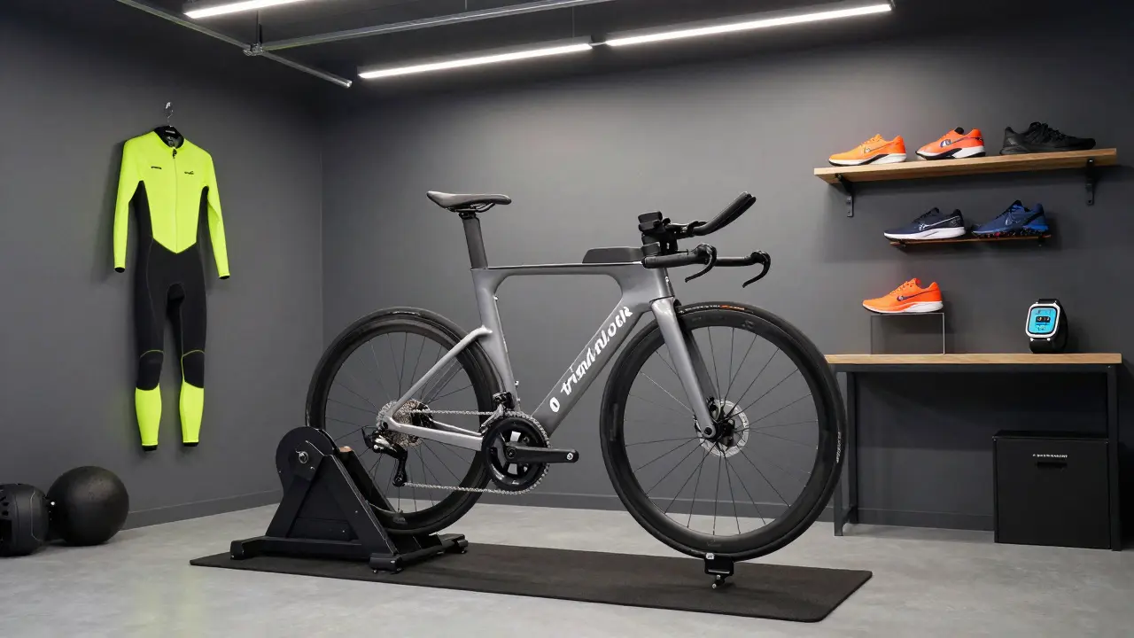 Organizovaný servisní kout v garáži s TT kolem a sportovním vybavením.