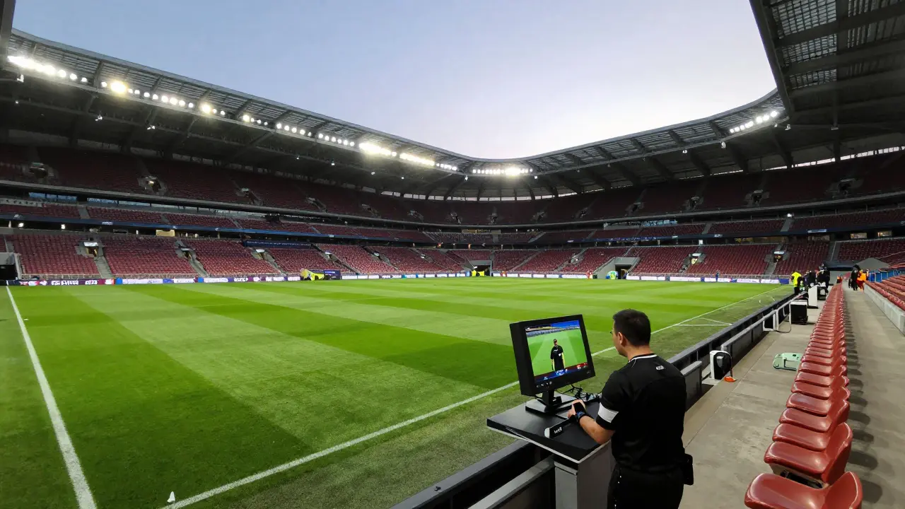 Rozhodčí kontrolující záznam na monitoru VAR během fotbalového zápasu na stadionu