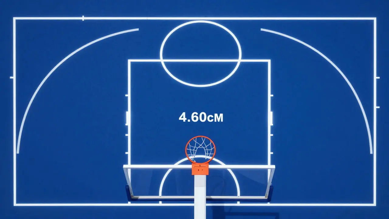 Schéma trestného prostoru basketbalového hřiště s označenou vzdáleností