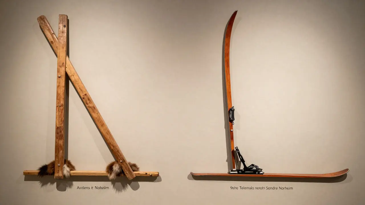 Srovnání starověkých dřevěných lyží s kůží a vázáním z 19. století.