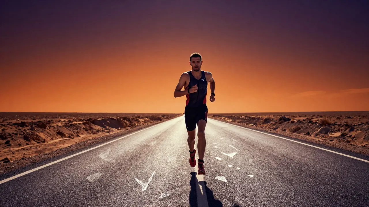 Vyčerpaný běžec na horké silnici symbolizující mentální překonání bolesti.
