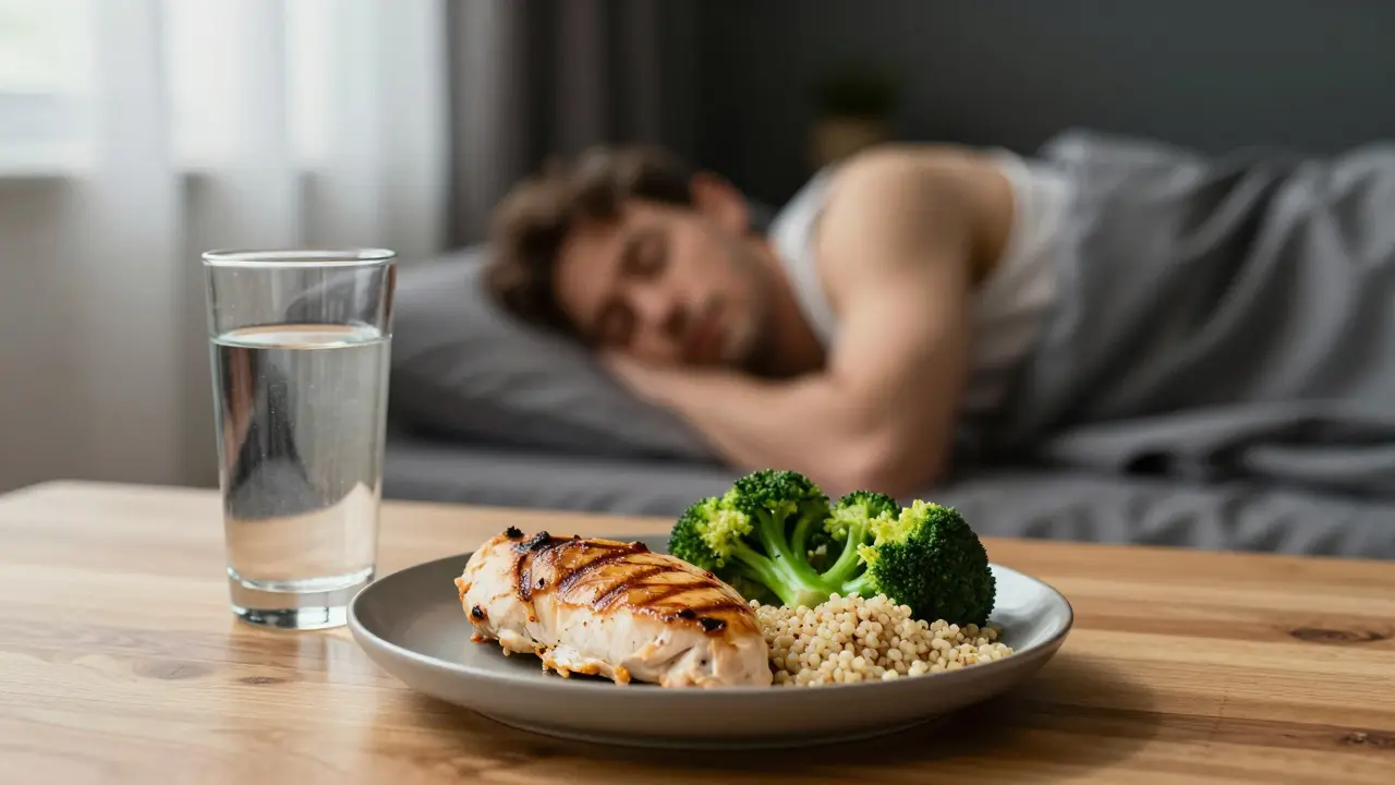 Zdravé jídlo s bílkovinami a v pozadí osoba v hlubokém spánku.