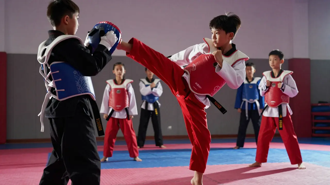 Dítě provádí vysoký kop při tréninku taekwonda nebo karate