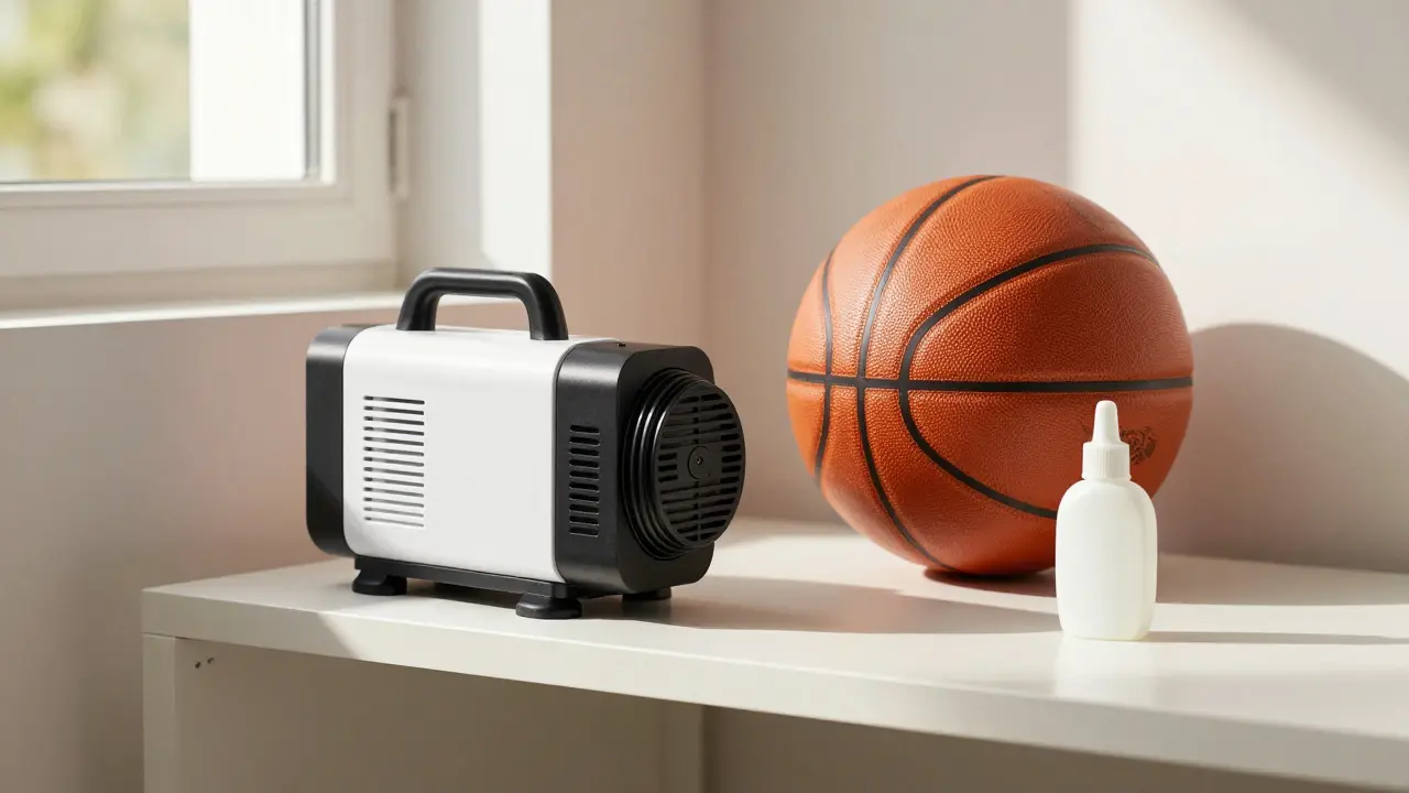 Elektrická pumpa a basketbalový míč na domovní polici