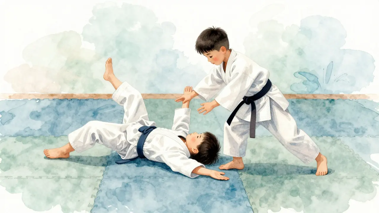 Jemná ilustrace dětí cvičících aikido s důrazem na harmonii