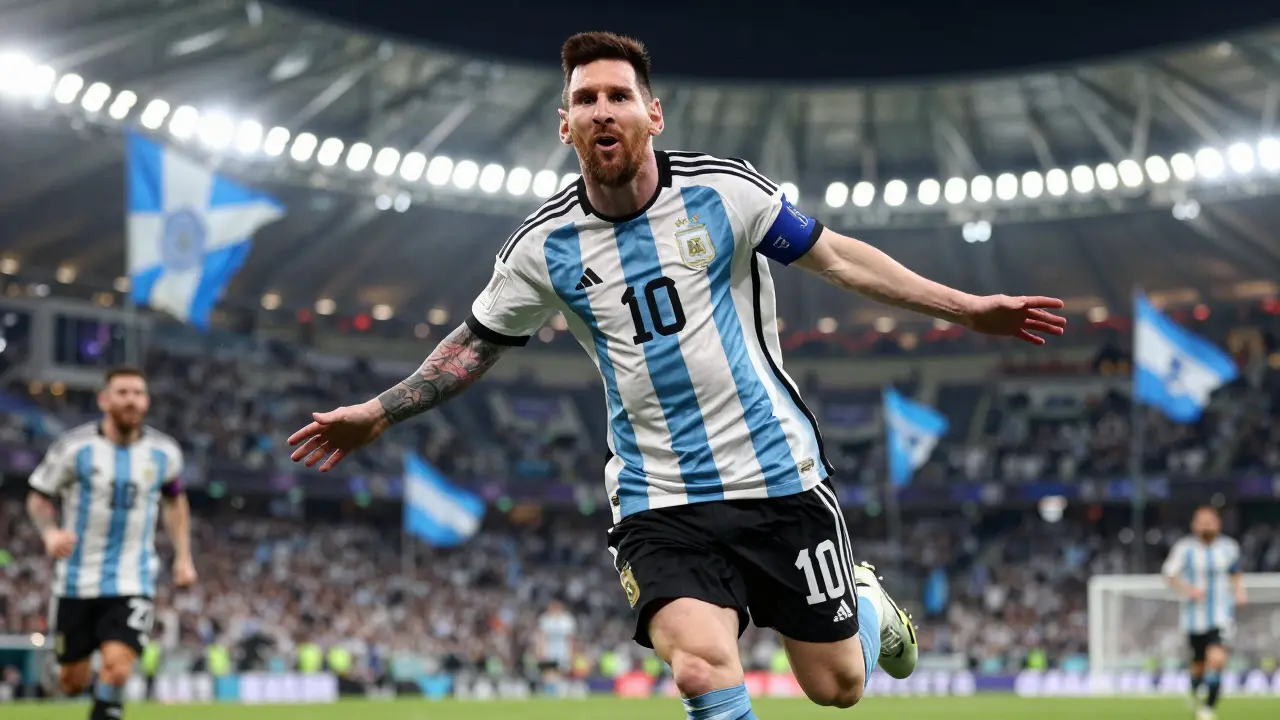 Lionel Messi slaví gól na moderním stadionu před davem fanoušků