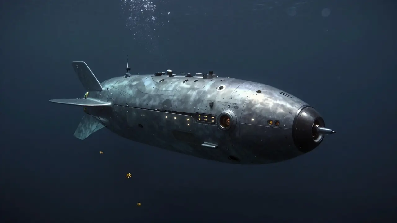 Moderní ponorka na dně oceánu v extrémní hloubce pod vysokým tlakem.