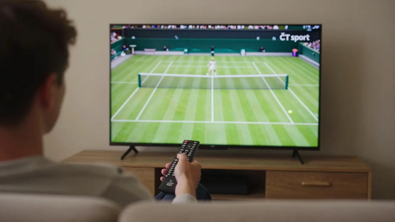 Osoba sleduje přenos tenisu z Wimbledonu na televizoru ČT sport