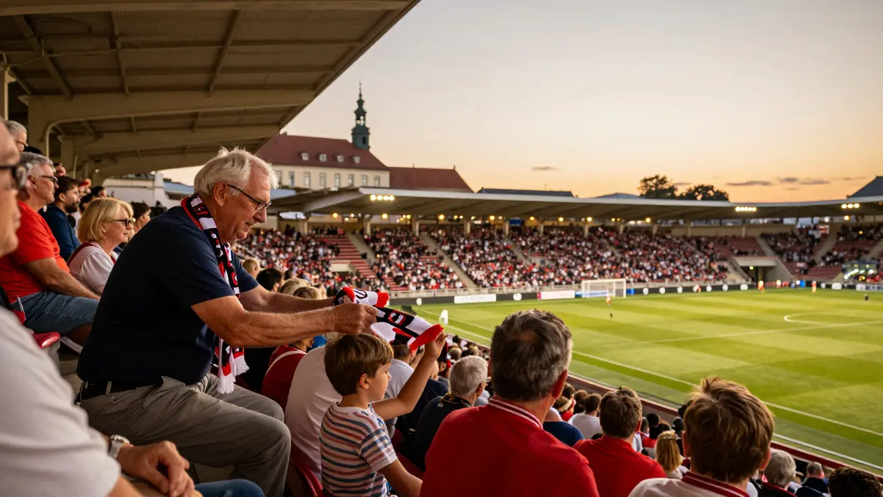 Starší fanoušek předává šátek dítěti v historickém stadionu