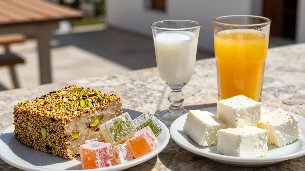 Kyprské sladkosti halva a lokum spolu s rakí a džusem