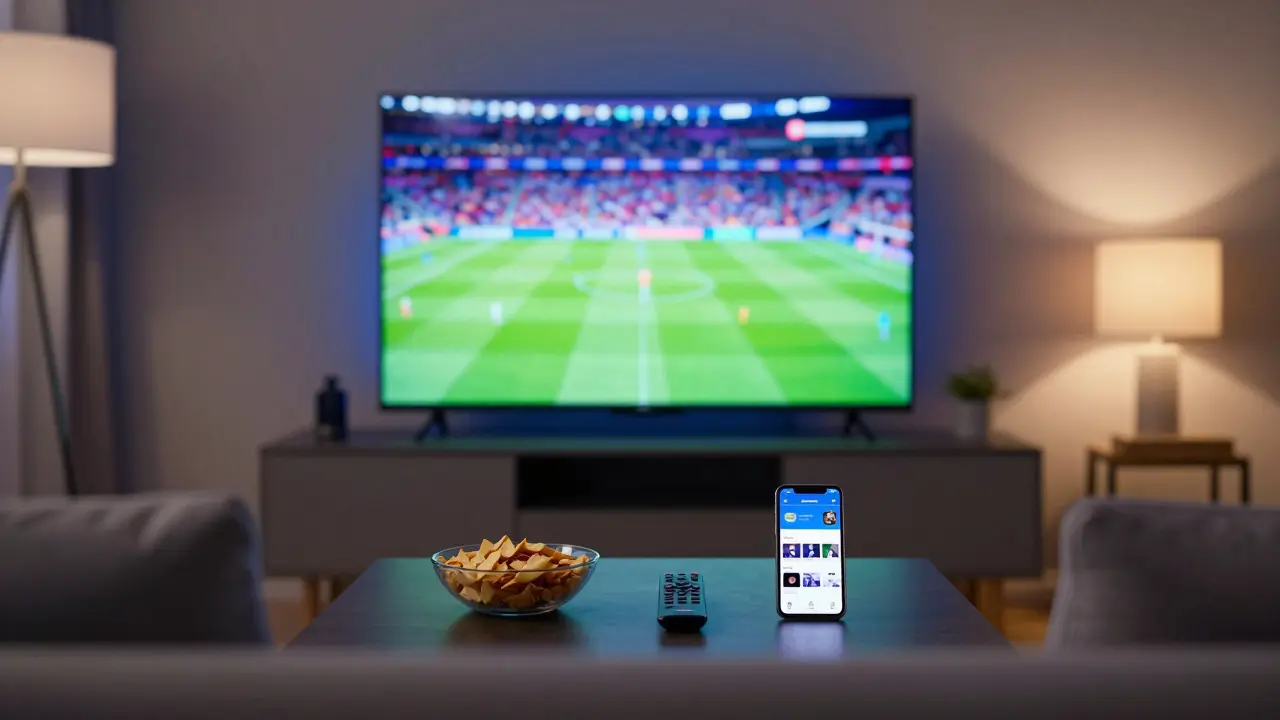 Moderní obývák s televizí přehrávající živý fotbalový přenos