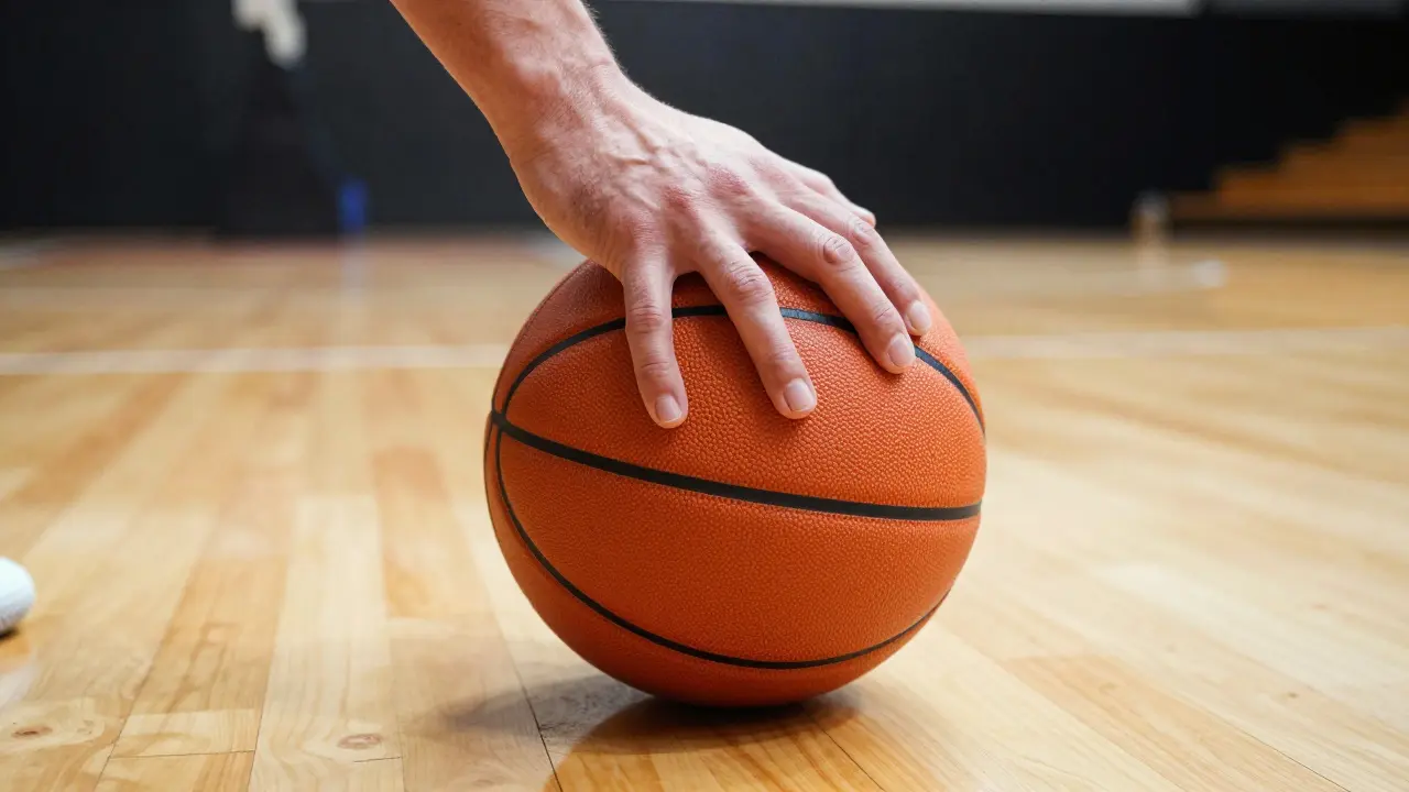 Ruka testuje tvrdost basketbalového míče na hřišti