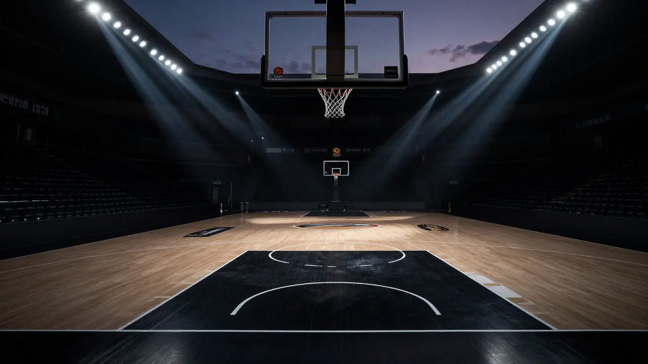 Prázdný basketbalový sál se zvýrazněnou specifickou čarou EuroLigy