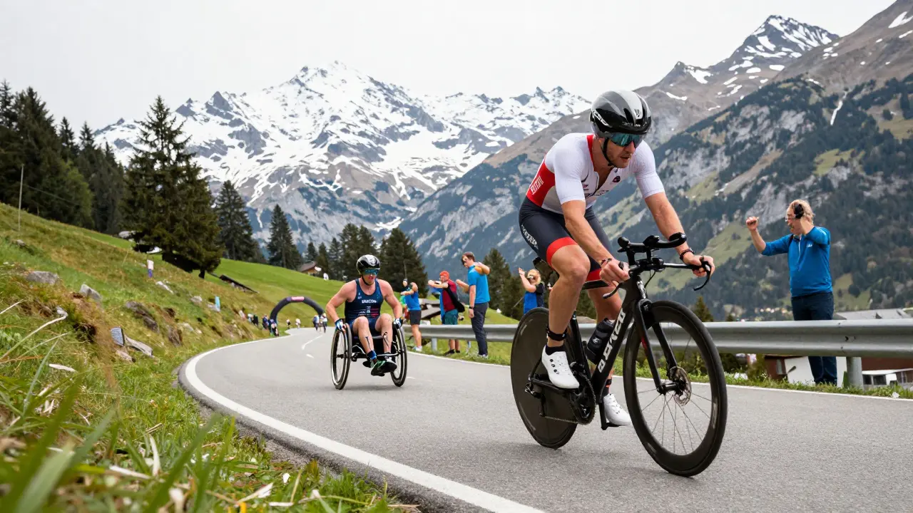 Triatlonisté a paratriatlonista v Alpách během závodu Ironman 70.3