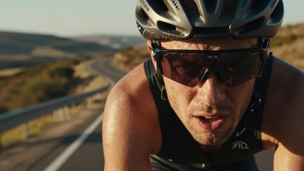 Vyčerpaný cyklista během dlouhé jízdy v závodě Ironman