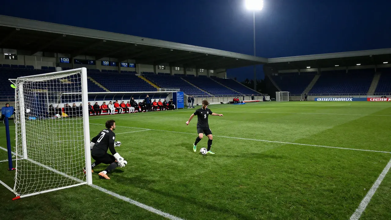 Dramatický moment penaltového rozstřelu pod svícením stadionu