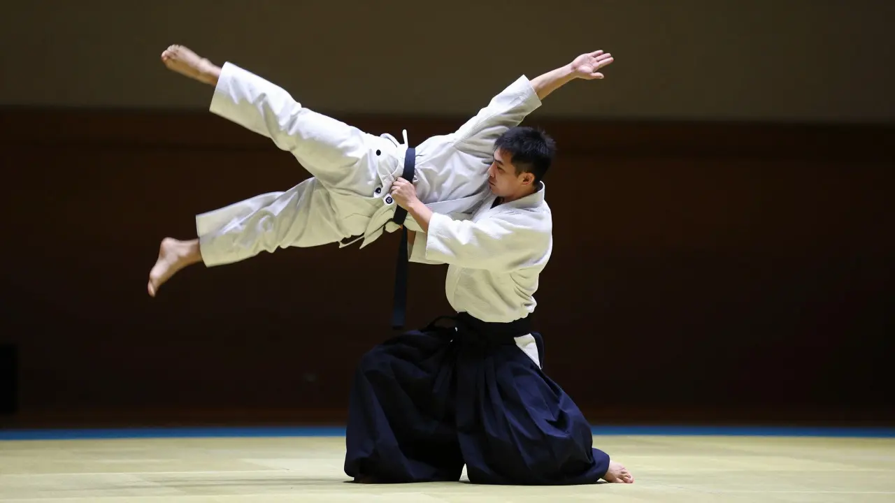 Dynamický záběr vrhu v Aikidu ukazuje plynulost a kontrolu pohybu