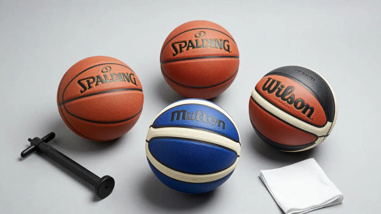Různé typy basketbalových míčů vedle sebe s vybavením pro údržbu