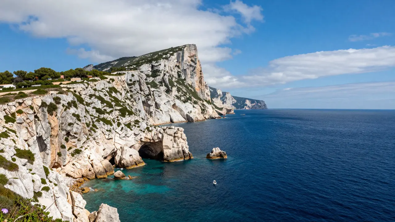Skalnaté pobřeží Gibraltaru s lodí u útesů a hlubokomodrou mořskou vodou