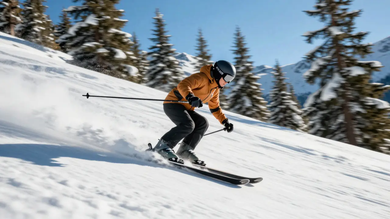 Skier leaning into a smooth carving turn with bent knees on a sunny slope