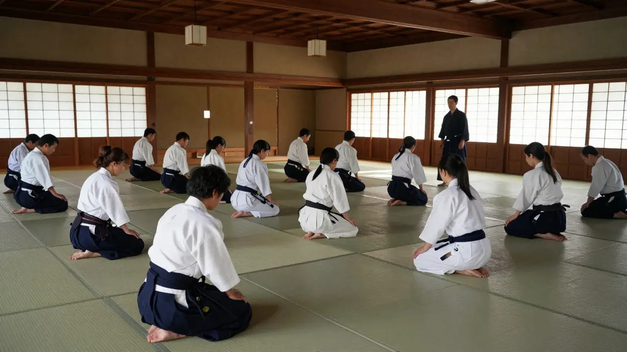 Študenti Aikida klečí na tatami a pokлонují se před začátkem tréninku