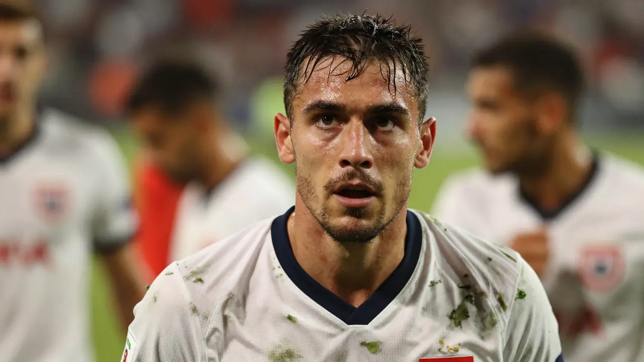 Zaměřený záběr na obličej únavného fotbalisty během prodloužení