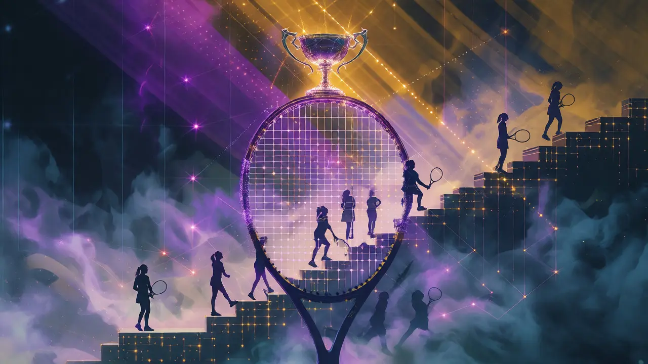 Abstraktní vizualizace žebříčku WTA jako pyramidy světla s postavami hráček.