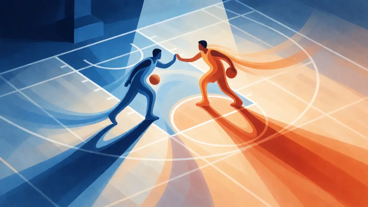Abstraktní znázornění taktické strategie kolem basketbalové ojenice pomocí světelných drah a geometrie.