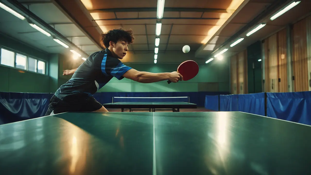 Hráč v akci při úderu do míčku na stole pro stolní tenis