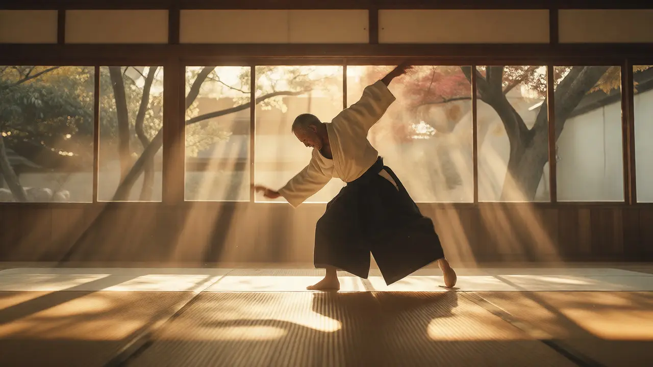 Meditativní cvičení aikida v prosluněném dóju
