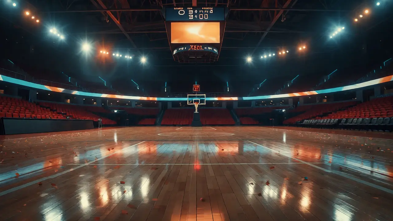 Prázdný basketbalový kurt po skončení zápasu se světelnými odlesky