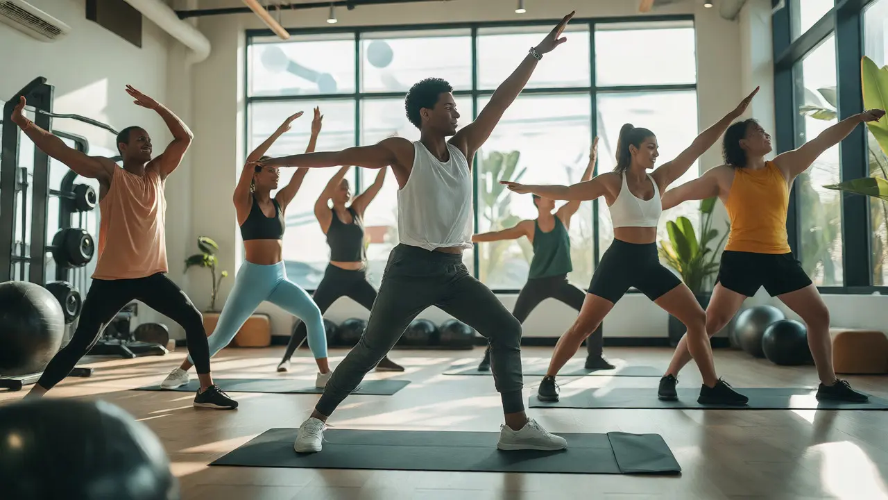 Skupina lidí se protahuje ve světlé, moderní fitness hale plné přirozeného světla