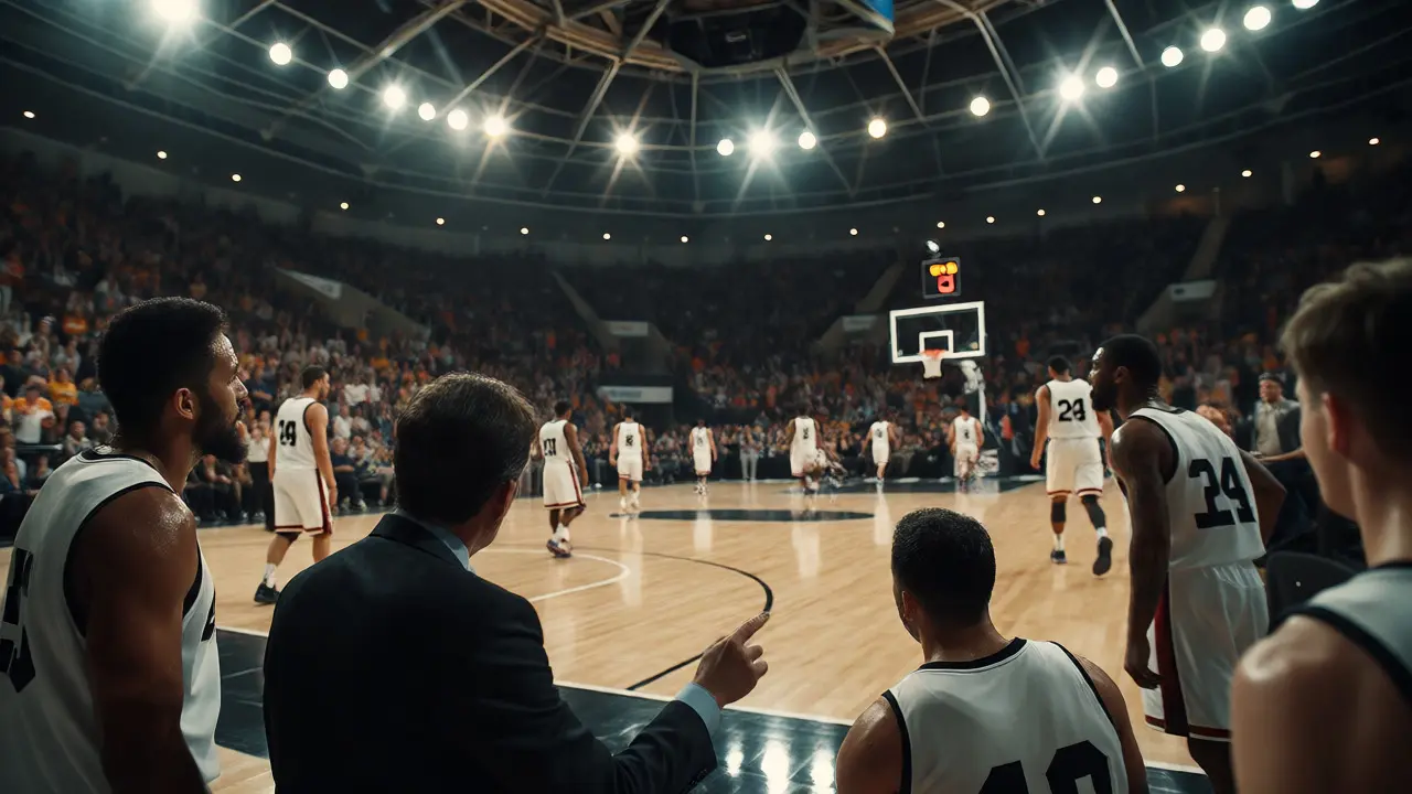 Vyčerpaní hráči během prodloužení basketbalového zápasu