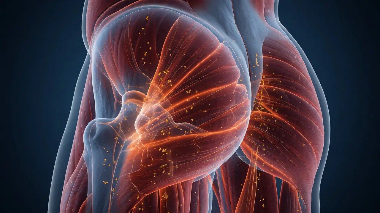 Anatomická ilustrace hýžďových svalů ve fázi regenerace