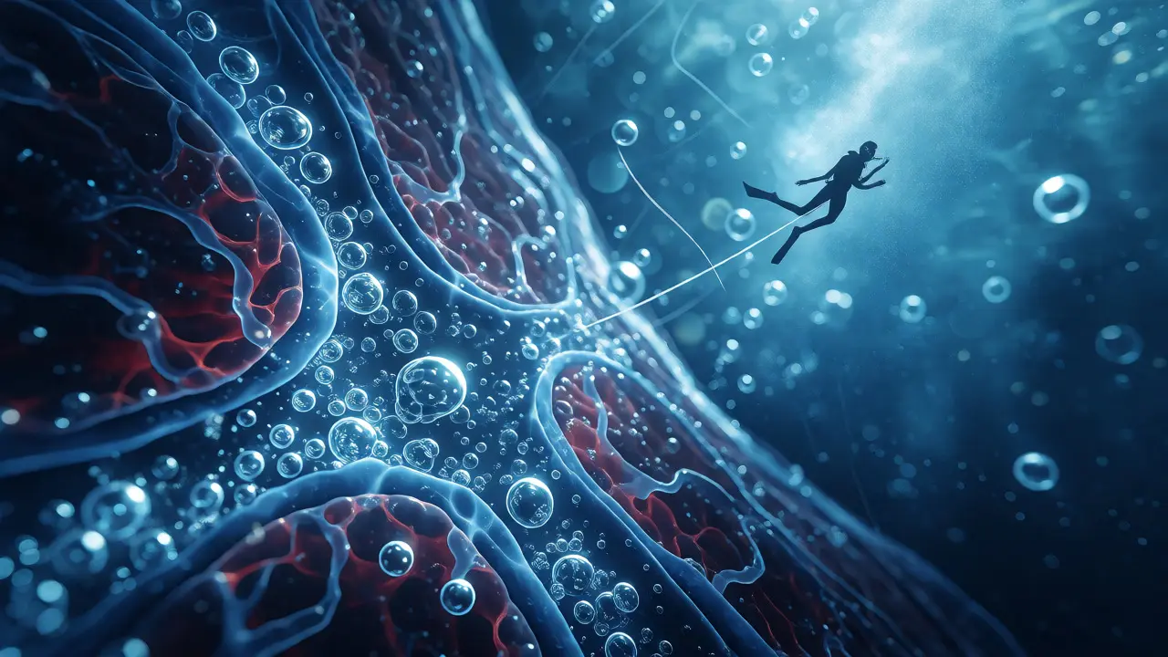 Artistic visualization of bubbles in blood during decompression