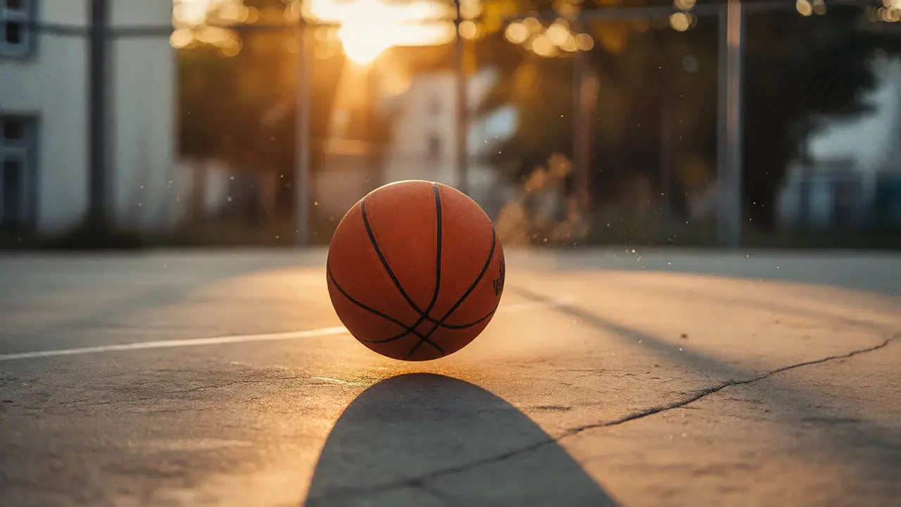 Basketbalový míč odrazující se od betonu při západu slunce.