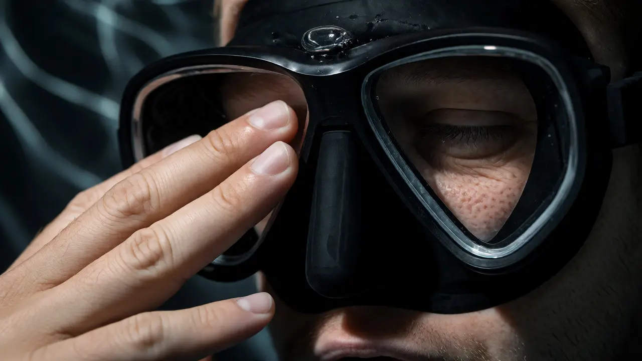 Hand adjusting a diving mask underwater to equalize pressure with bubbles escaping.