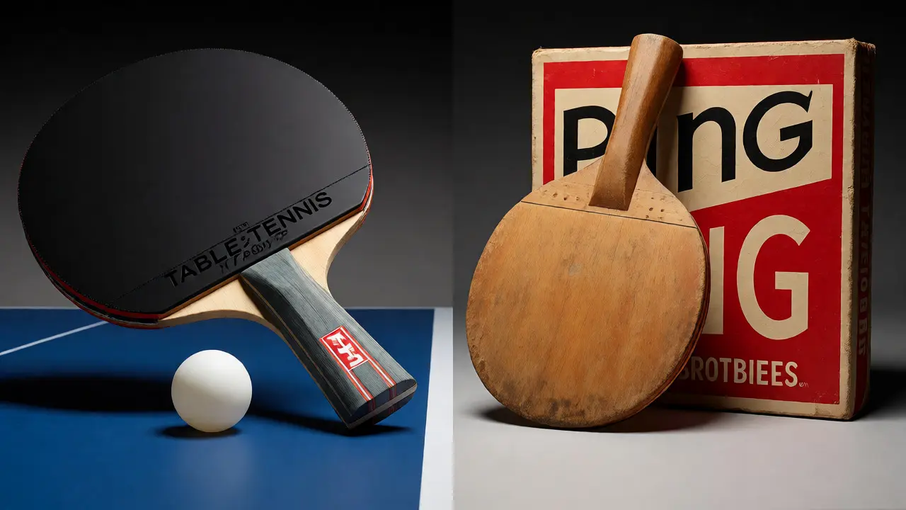 Kontrast mezi moderním vybavením pro stolní tenis a historickým ping pongem.