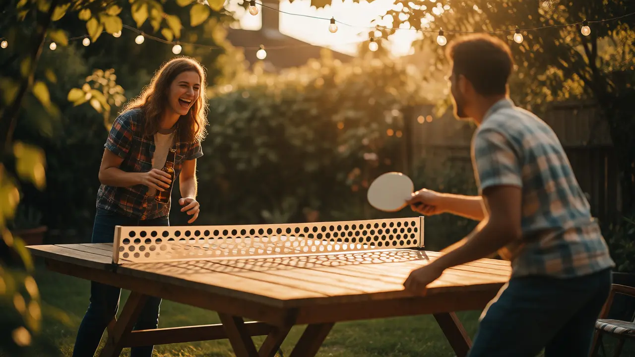 Přátelé hrající neformální ping pong na zahradě při západu slunce.