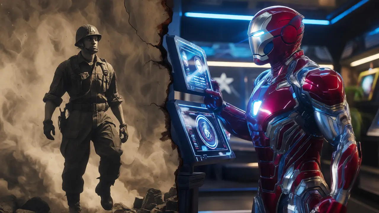Rozdělený obraz spojující válečnou minulost Kapitána Ameriky s futuristickým Iron Manem.