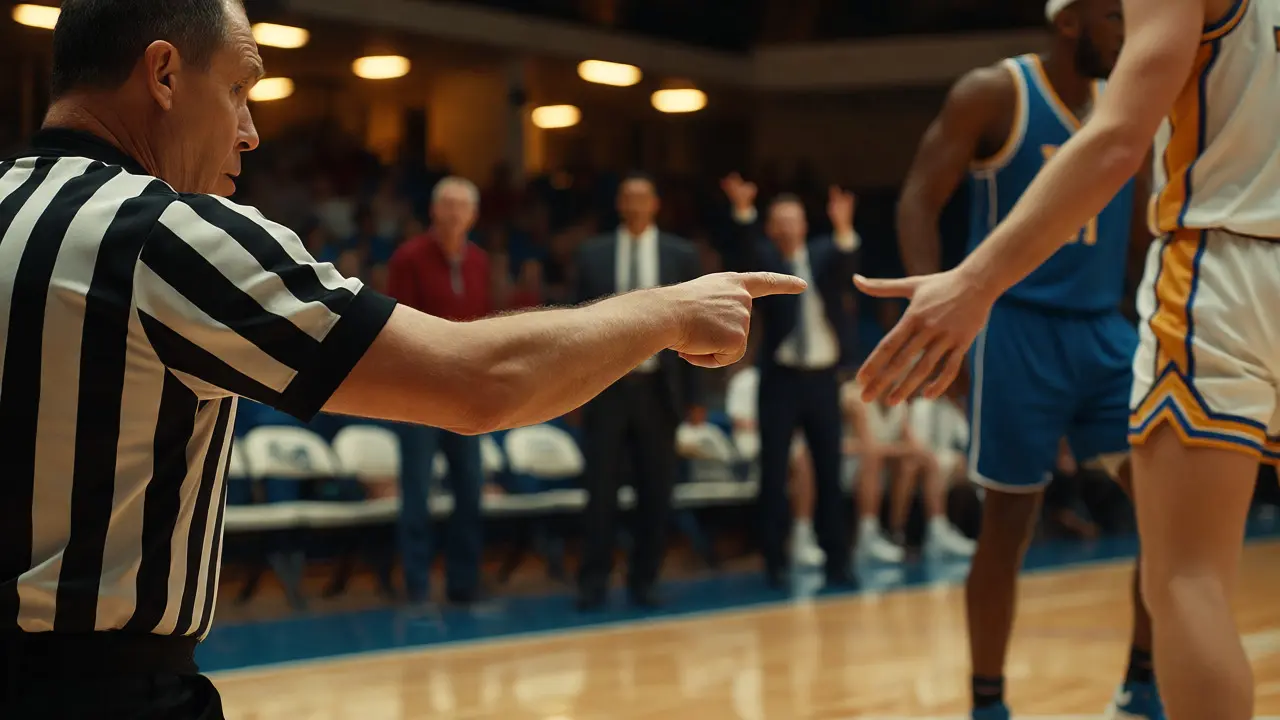 Rozhodčí signalizuje faul během basketbalového utkání