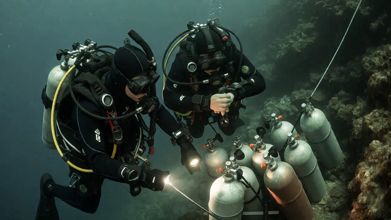 Technical divers with rebreathers checking equipment at depth