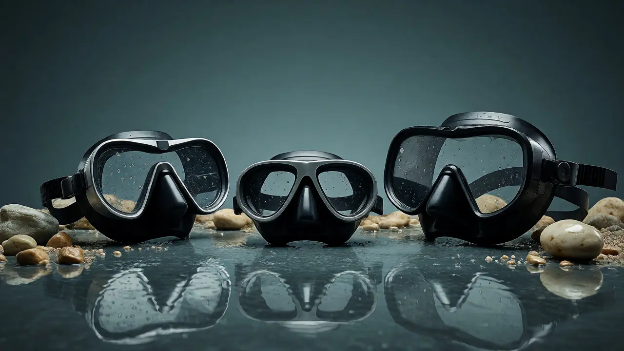 Three types of diving masks displayed on wet stones showing different designs.